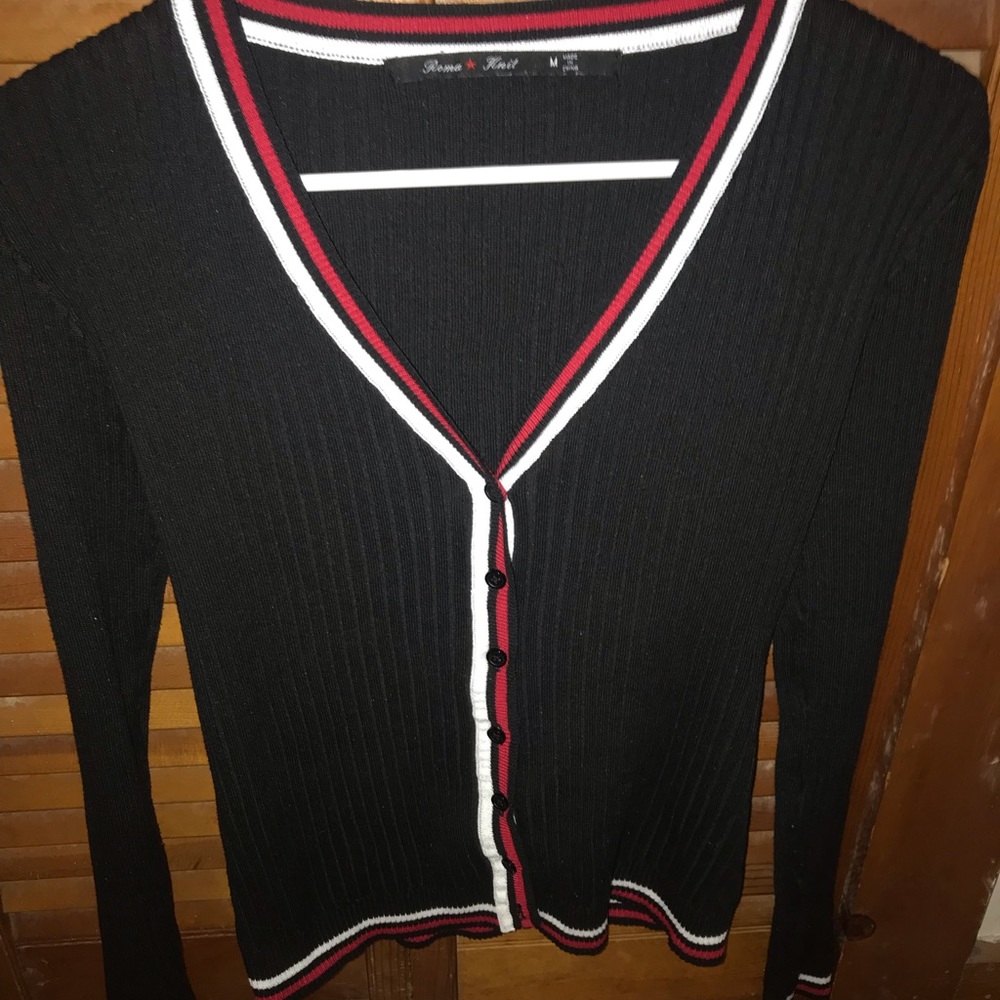 Black red white long sleeve button up sweater